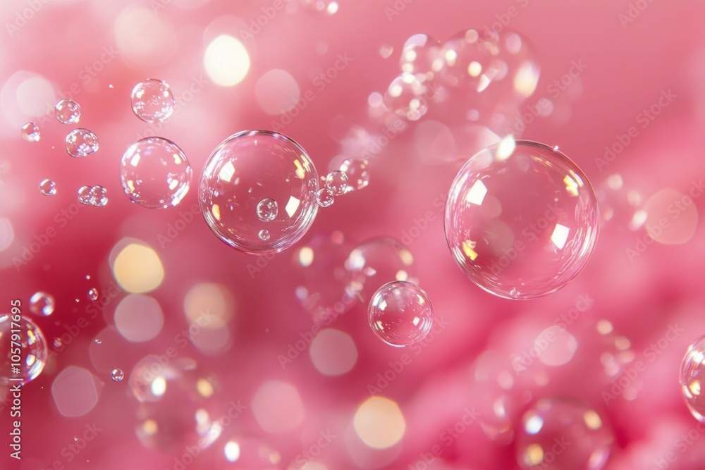 Poster soft pink fabric drapes billowing gently with floating bubbles in a tranquil setting