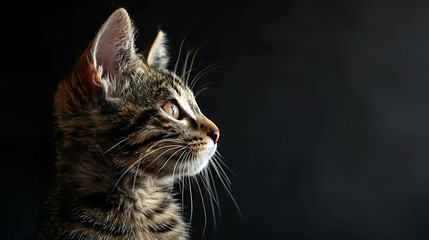 A beautiful tabby cat sits in front of a black background, staring off into the distance with its big, green eyes.