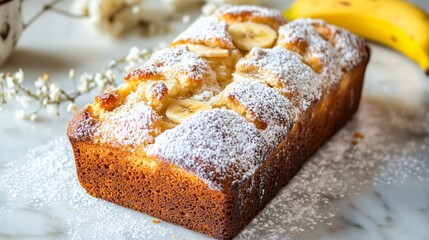 Golden banana bread with crisp edges on a light marble surface, surrounded by fresh bananas and a touch of powdered sugar