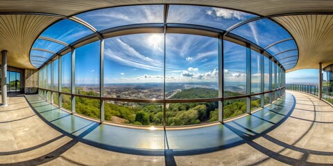 Fototapeta premium Panoramic Glass Balcony Oasis Modern Minimalist Design Frames Breathtaking Cityscape and Lush Green Landscape, Tranquil Serenity - Ideal for Architectural, Travel, Real Estate