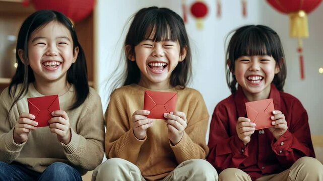 Three Young Girls Laugh and Smile While Holding Traditional Red Envelopes for Chinese New Year