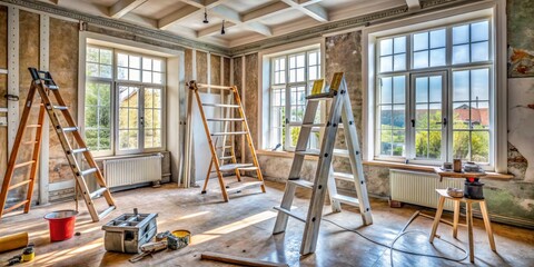 Renovation Symphony Rustic Wooden Ladders in Unfinished Space with Sunlit Windows - Industrial Serenity, Home Makeover Progress