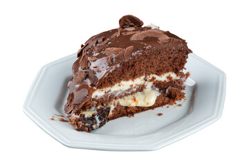 Piece of homemade cake with chocolate frosting and transparent bottom