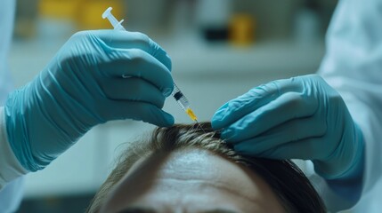 A healthcare professional is carefully injecting a serum into a patient's scalp during a hair restoration session. The environment is a clinical room, equipped for hair treatment procedures.