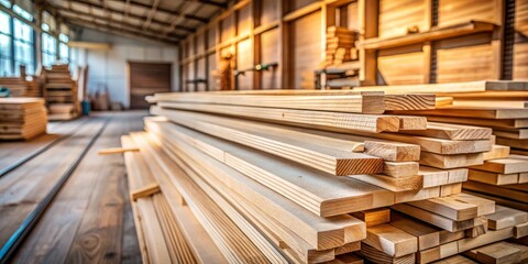 Obraz premium Rustic Wooden Planks Stack in Workshop - Natural Texture and Craftsmanship, Warm Tones for Design, Carpentry, and Architecture Concepts