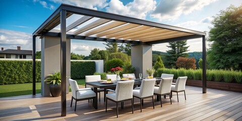 Fototapeta premium Serene Alfresco Dining Oasis Elegant Pergola and Wooden Deck in Lush Green Setting, Perfect for Relaxation and Entertaining, Ideal for Home Decor and Lifestyle Inspiration