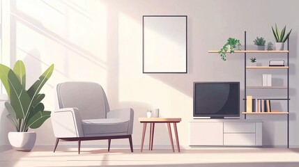 A modern minimalist living room featuring a sleek gray armchair, a simple table, a wall-mounted television, and open shelves, all set against a light, neutral background.