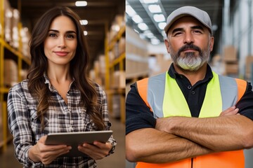 Two colleagues examining plans on a tablet in a warehouse, showcasing teamwork and collaboration
