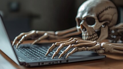 A close-up scene of skeleton hands typing on a laptop keyboard, creating a spooky, Halloween-inspired atmosphere. The bony fingers hover over the keys in a dimly lit room