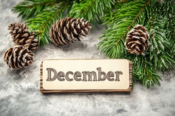"December" text Appears to be a wooden deck of cards with letters transposed on a white background, accompanied by pine cones and evergreen branches Generative AI