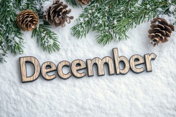 coniferous branches and cones on a white background with the words "December" Rustic wooden letters in natural colors, the word written from cypress leaves Generative AI