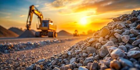 Obraz premium Sunset Glow on Gravel Stones Close-Up Construction Excavator Background in Tranquil Nature Scene, Industrial Beauty Contrast for Marketing, Editorial, Design Projects
