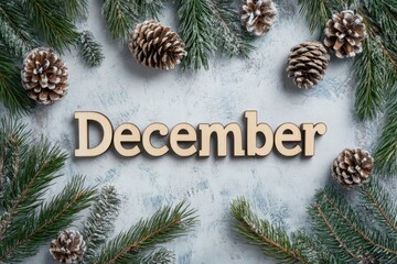 The phrase "December" made of wooden letters surrounded by pine cones and evergreen branches on a white background Generative AI