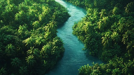 Fototapeta premium Aerial view of a river winding through a lush tropical jungle.