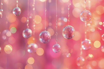 Soft pink fabric drapes billowing gently with floating bubbles in a tranquil setting