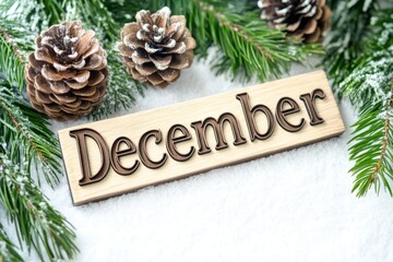 "December" text Wooden letters, surrounded by pine cones and evergreen branches, on a white background Generative AI
