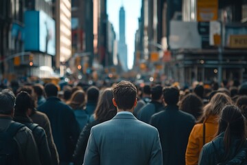 Fototapeta premium Man Walking Through Blurred City Crowd, Street Level View