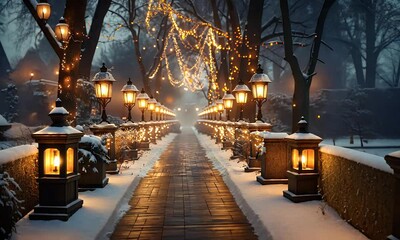 Snowy Pathway with String Lights and Lanterns - Powered by Adobe