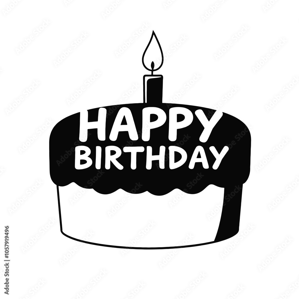 Fototapete a black and white illustration of a birthday cake. the cake is rectangular in shape and has a scallo
