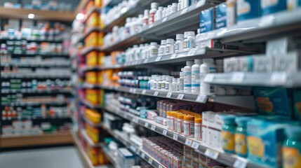 Pharmacy shelf with medicine and healthcare products