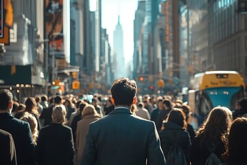Man Walks Through Busy City Street, Back to Camera, Skyline in Background
