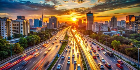 Obraz premium Urban Sunset Panorama Dynamic Highway View with City Skyline, Warm Sunset Glow, and Tree-Lined Streets - Concept of Motion and Tranquility