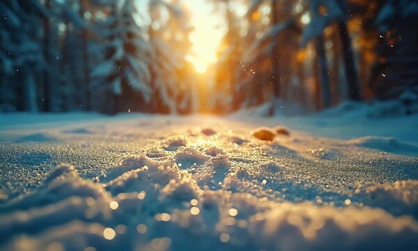 Snowy Path in Forest During Sunset