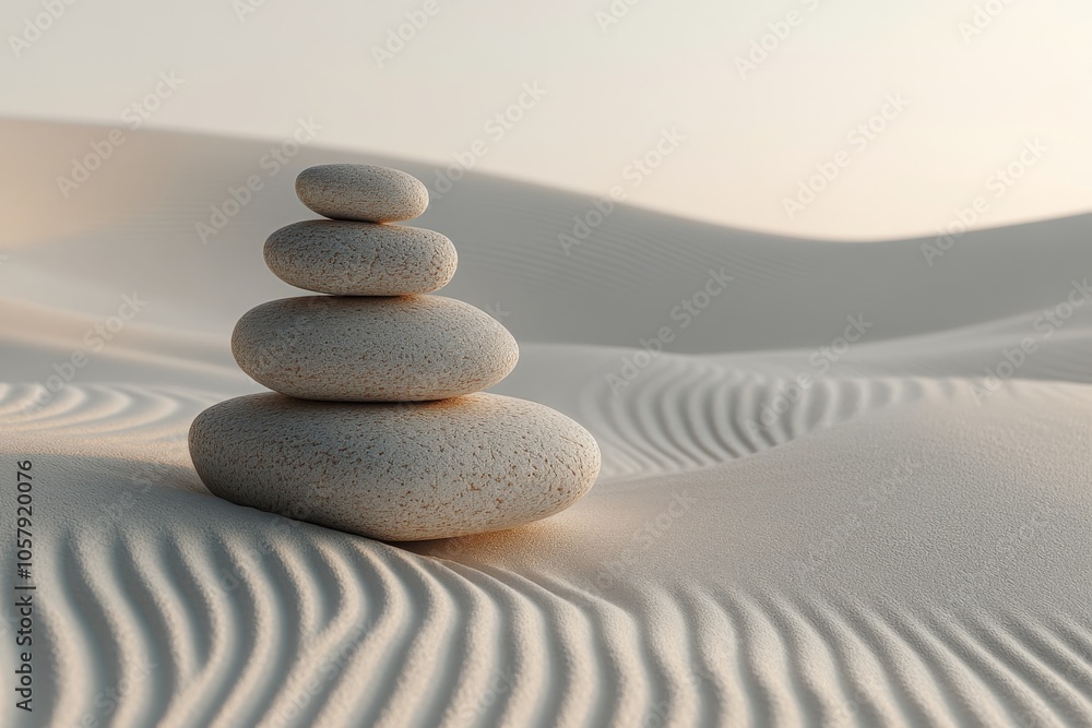 Poster stacked pebbles on smooth sand creating a tranquil scene in a minimalist setting