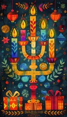 Vibrant Hanukkah Greeting Card with Artistic Menorah and Festive Elements