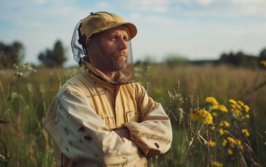 Portrait of a handsome beekeeper in a protective uniform