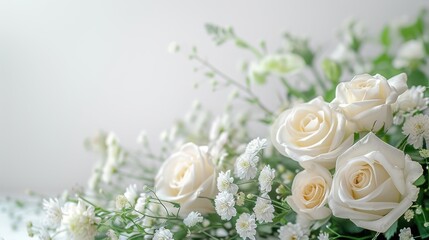 Obraz premium A bouquet of white roses and daisies with green leaves on a light background