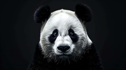 Fototapeta premium A close-up of a panda's face. The panda is looking at the camera with its big, round eyes. Its fur is black and white, and its nose is pink.