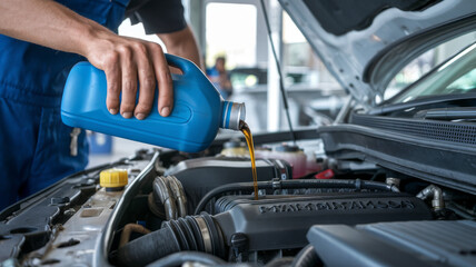 Close- up of mechanic pours motor oil while doing car engine maintenance at auto repair shop.
