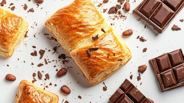 Golden, flaky pain au chocolat on a clean white background, with scattered cocoa beans and chocolate shavings