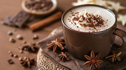 Fototapeta premium Hot chocolate with whipped cream and chocolate sprinkles in a brown cup on a brown table. The cup is surrounded by star anise and cinnamon sticks.