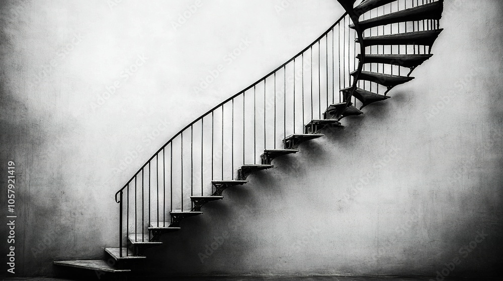 Poster a grayscale image of a spiraling staircase in a room with gray walls and floor
