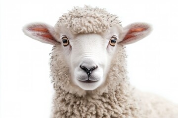 A close up of a young lamb looking curiously at the camera against a plain background