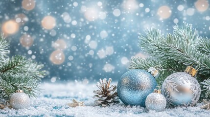 Festive Christmas Scene with Glittering Ornaments, Snowflakes, and Frosted Pines in Blue and Silver, Creating a Serene Winter Wonderland for Seasonal Decor and Holiday Projects