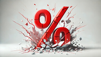 red percentage symbol crashing into cracked surface