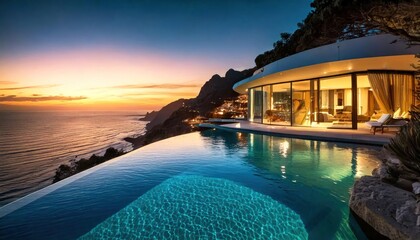 Obraz premium An expansive seaside infinity pool within a luxurious estate, perched on a cliff, presenting