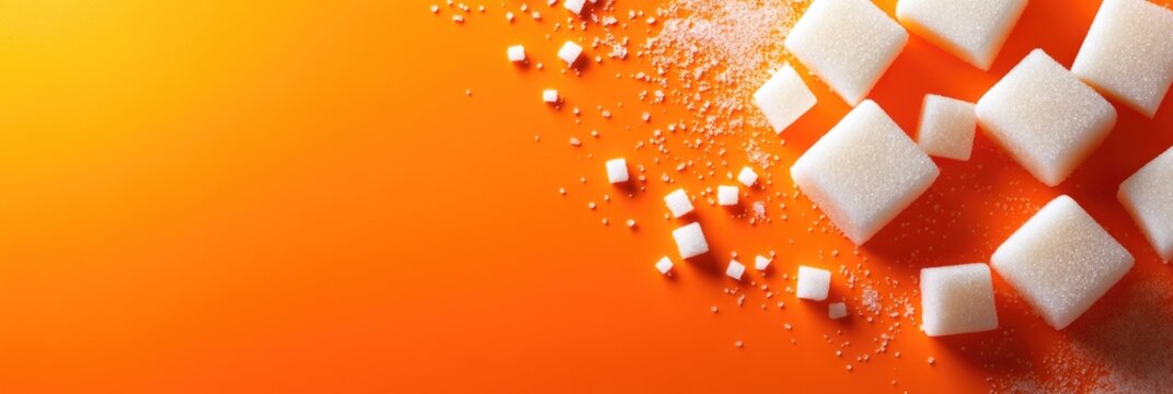 Sweet Cubes. A Pile of Sugarcubes on Orange Background with Space for Copy. Health Concept Design