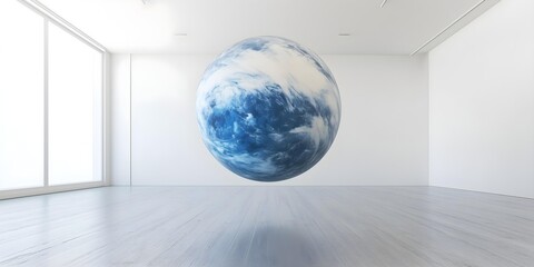 3d blue and white marble sphere in a minimalist white room contemporary marble texture