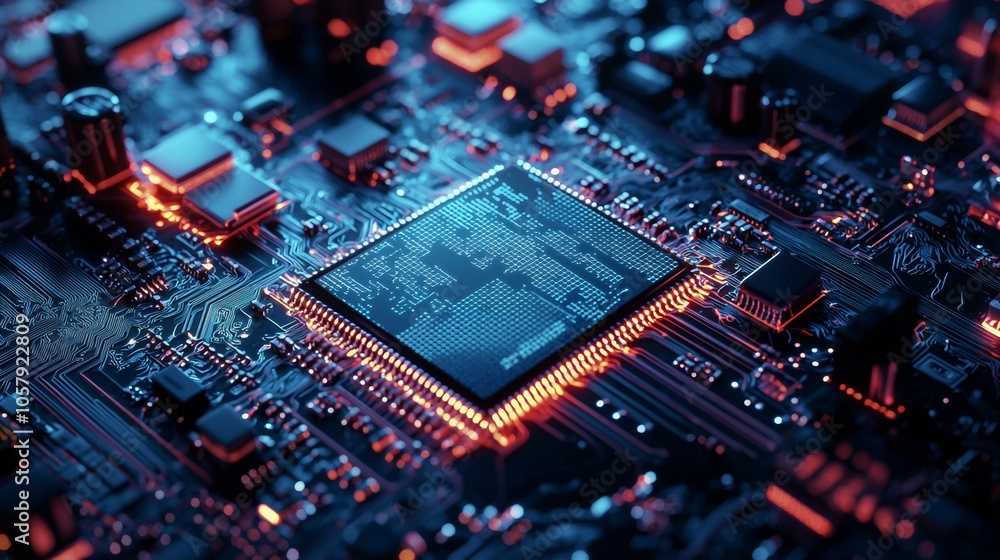 Poster close-up of microchip on circuit board with neon lights