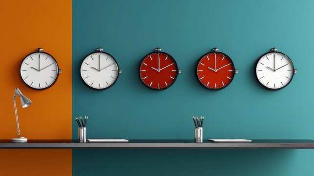 A row of wall clocks in red and white pops against a bold orange and teal divided background, suggesting global time zones in business.