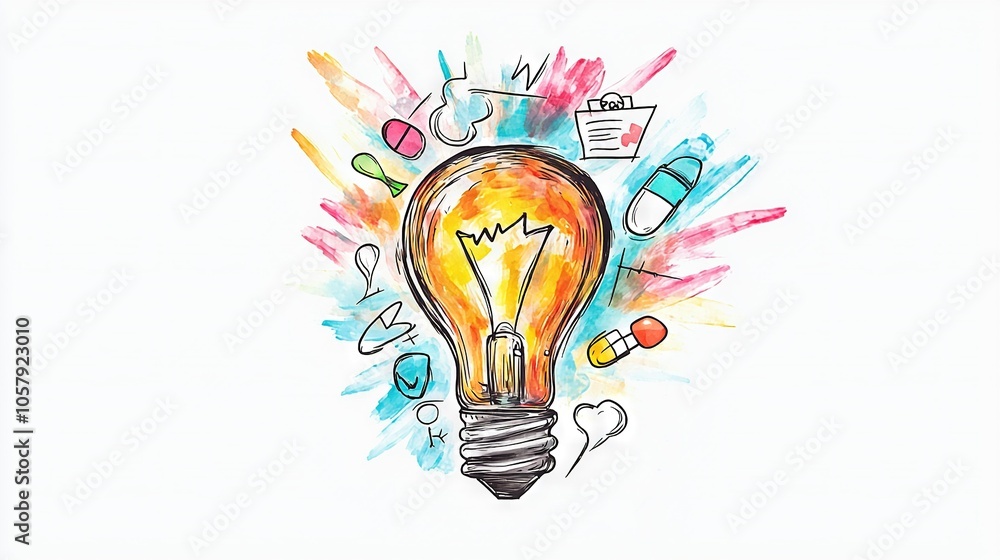 Poster a sketch of a lightbulb surrounded by intricate doodles on a blank canvas