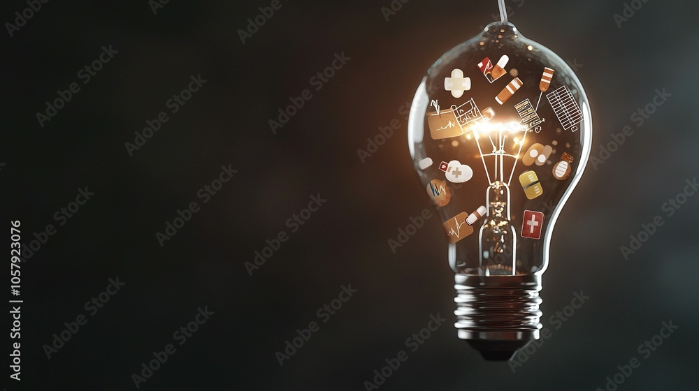 Poster a lightbulb filled with various items, dangling on a wire against a dark backdrop