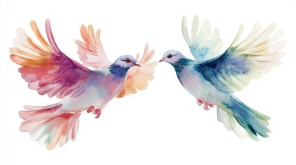 Fototapeta premium Two doves in flight, watercolor on white background