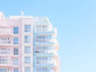 Pastel Pink and Blue Apartment Building with Balconies Against a Clear Blue Sky