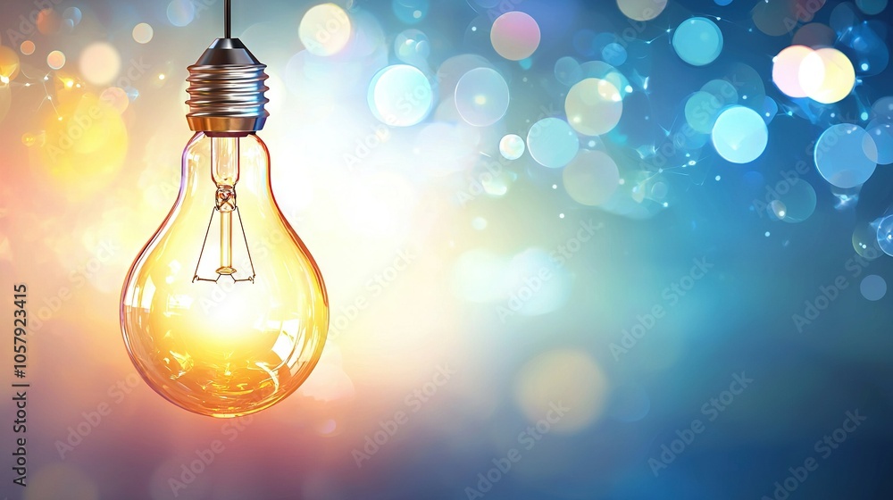Poster a light bulb dangling on a string against a blue-red backdrop surrounded by bokeh lights