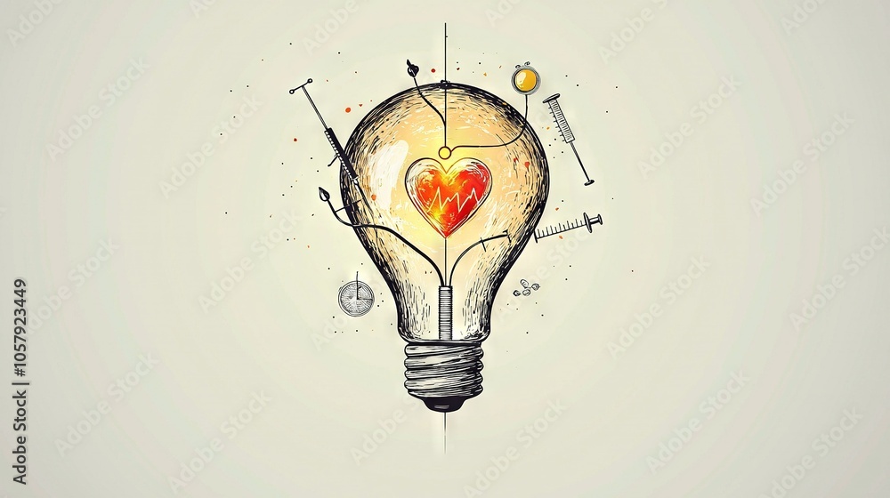 Poster an image of a light bulb with a heart inside surrounded by various elements